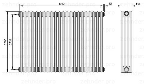 Схема (чертеж) Радиатор Zehnder Charleston 4280/22 №1270 Белый глянцевый RAL 9016